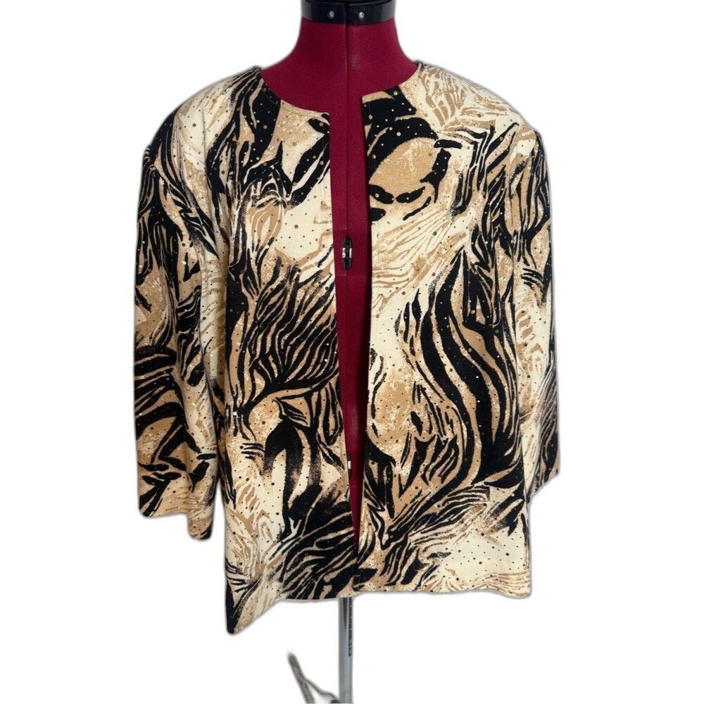 NWT Alfred Dunner Open-Front Jacket Size 18 Black & Cream Abstract 3/4 Sleeves